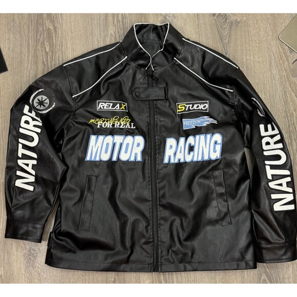 Freedom Studio Motor Racing Jacket Medium Black Vegan Leather Moto Streetwear - Picture 2 of 12